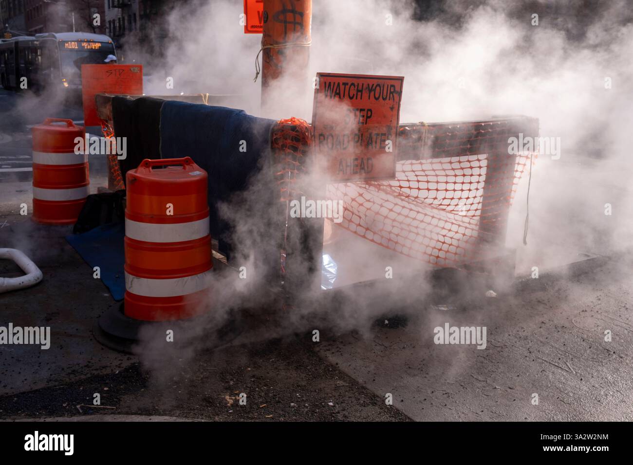 NEW YORK, NEW YORK - MARCH 13: Steam vents from a pipe connected to ...