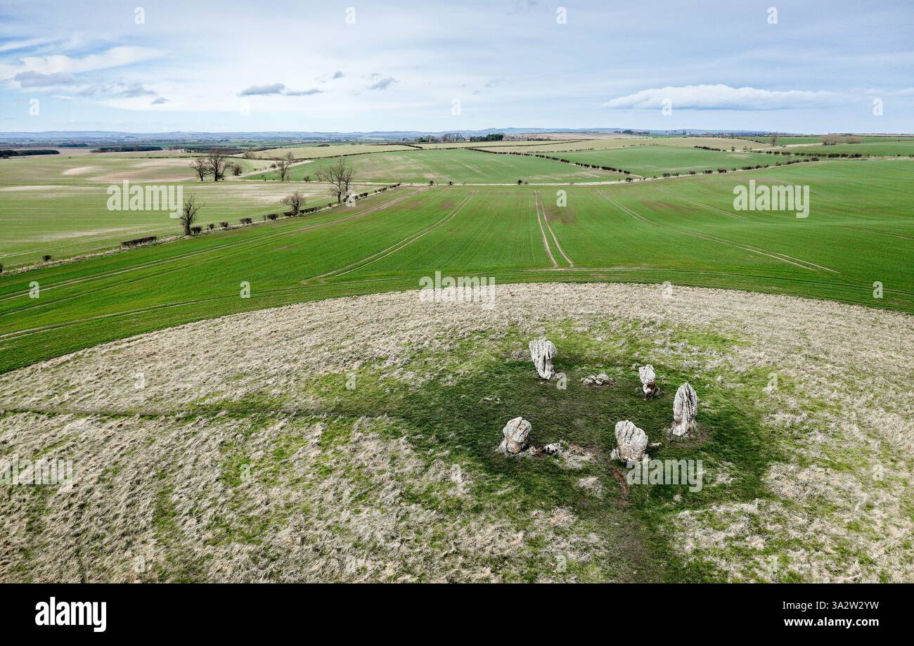 Duddo Five Stones prehistoric stone circle in north Northumberland, England. Early Bronze Age. Natural weathering soft sandstone. Looking north Stock Photo