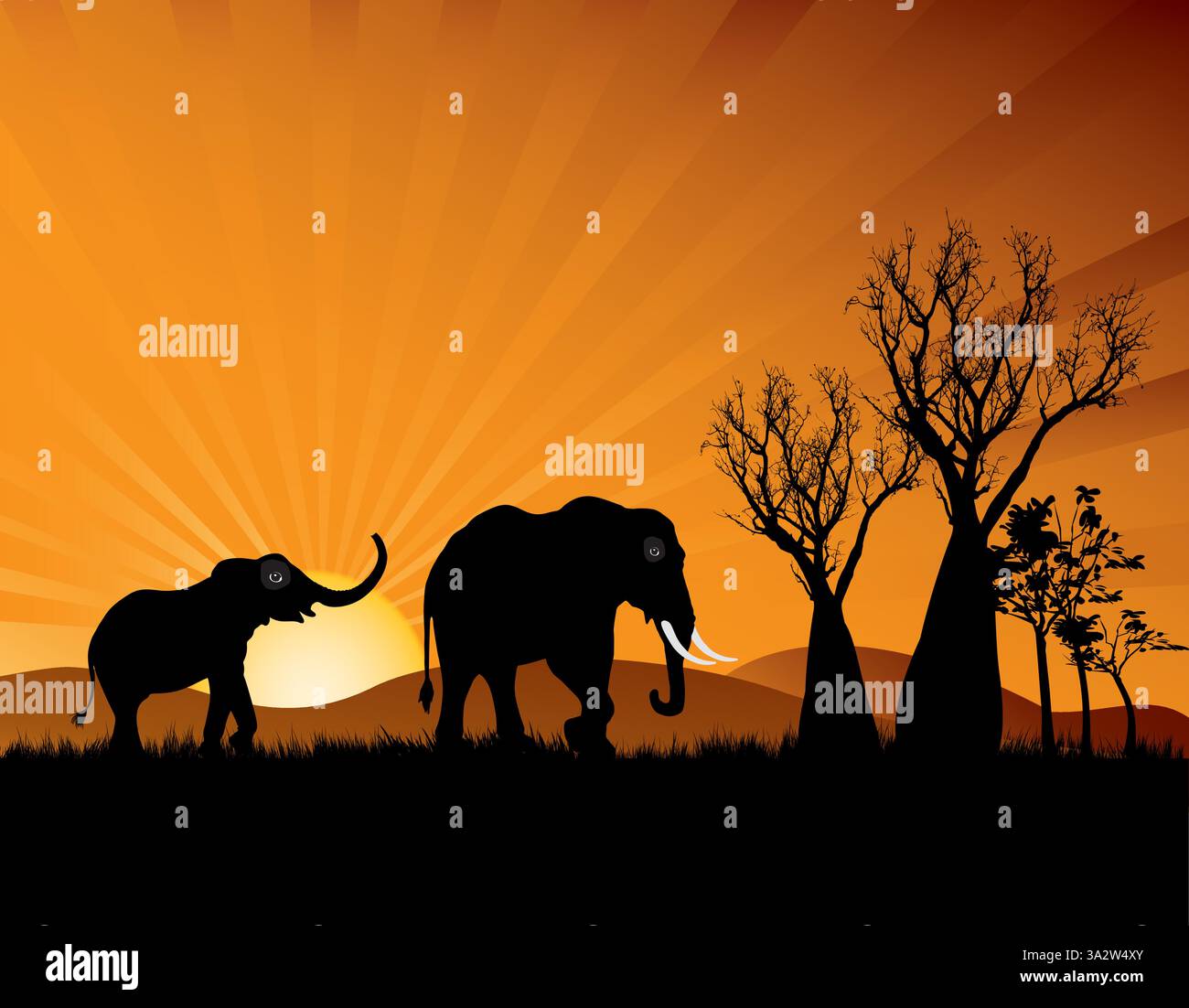 Silhouette of elephants against a sunset Stock Vector Image & Art - Alamy