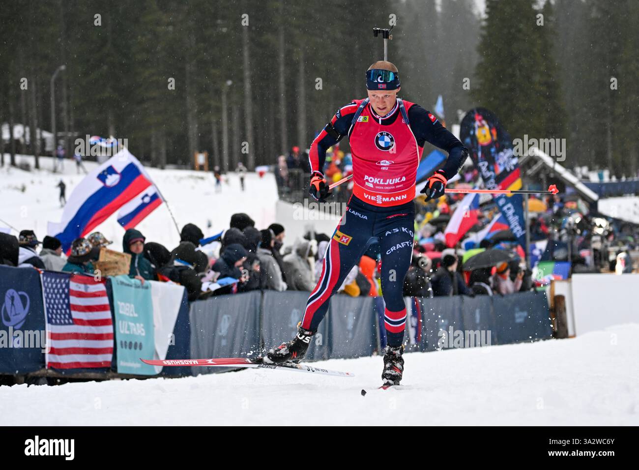 Pokljuka, Slovenia. 13th Mar, 2025. Endre Stroemsheim of Norway seen in action during the Men's 15 km Short Individual Competition of the IBU Biathlon World Cup. Credit: SOPA Images Limited/Alamy Live News Stock Photo