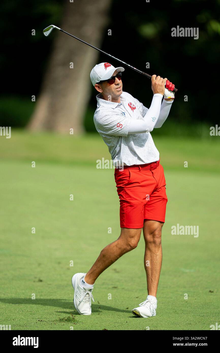 Captain Sergio Garcia of Fireballs GC hits his shot from the fairway on ...