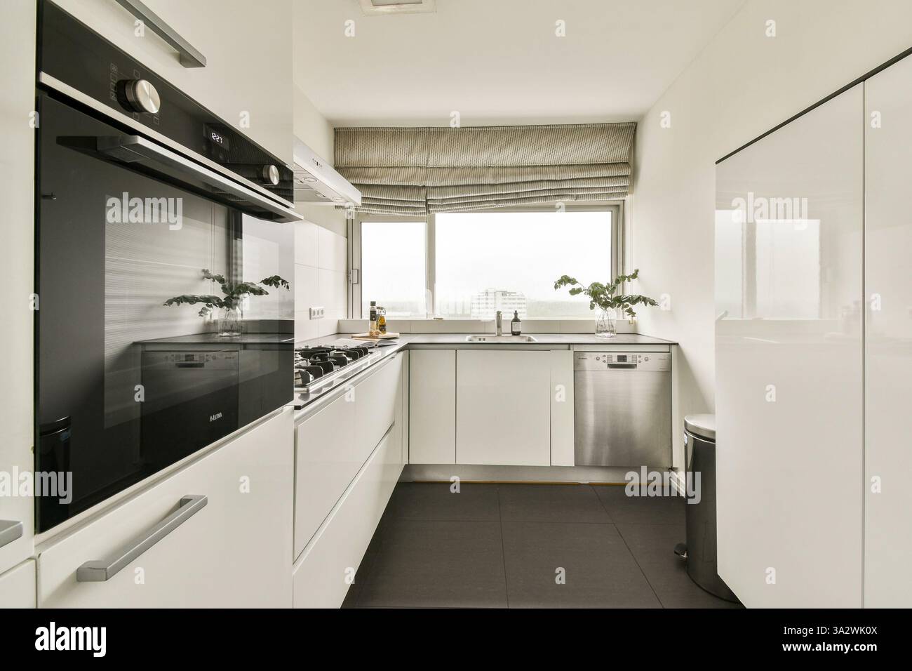 A sleek and contemporary kitchen space featuring a minimalist aesthetic ...