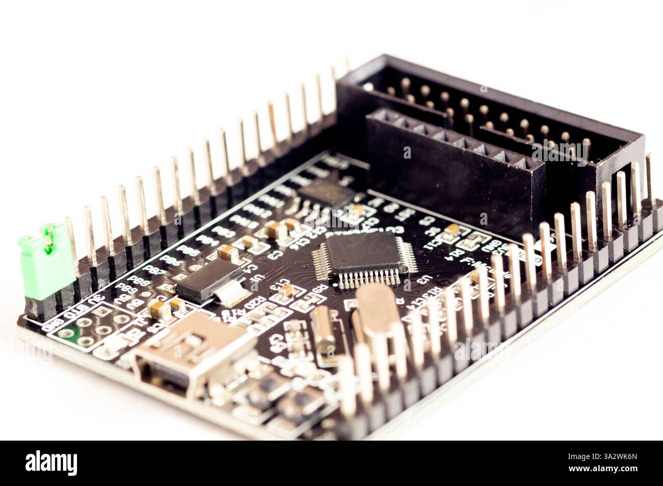 Electronic components, chips and capacitors on the pcb, close up view. Technology concept Stock Photo