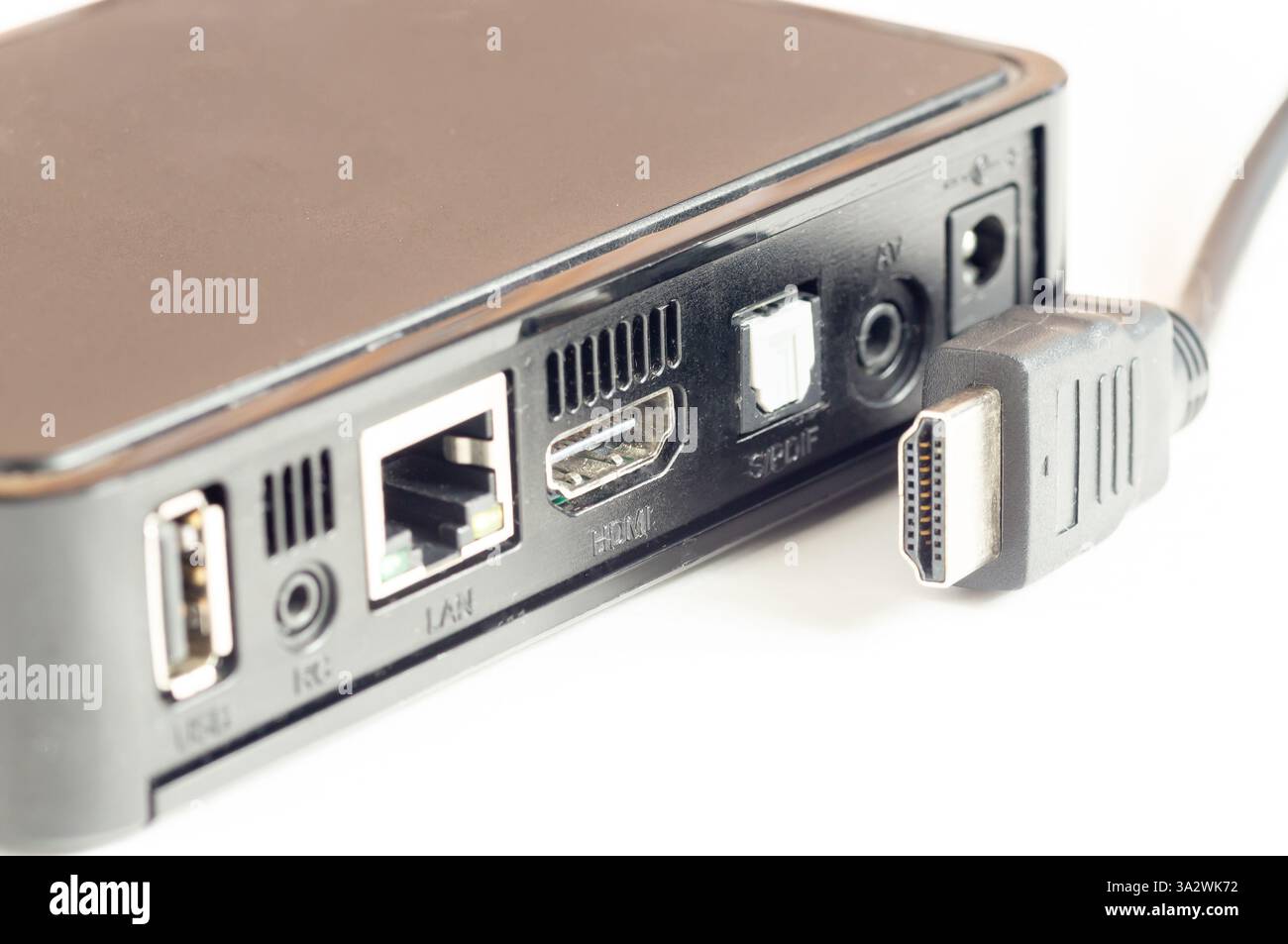 media player view HDMI connectors and cable Stock Photo