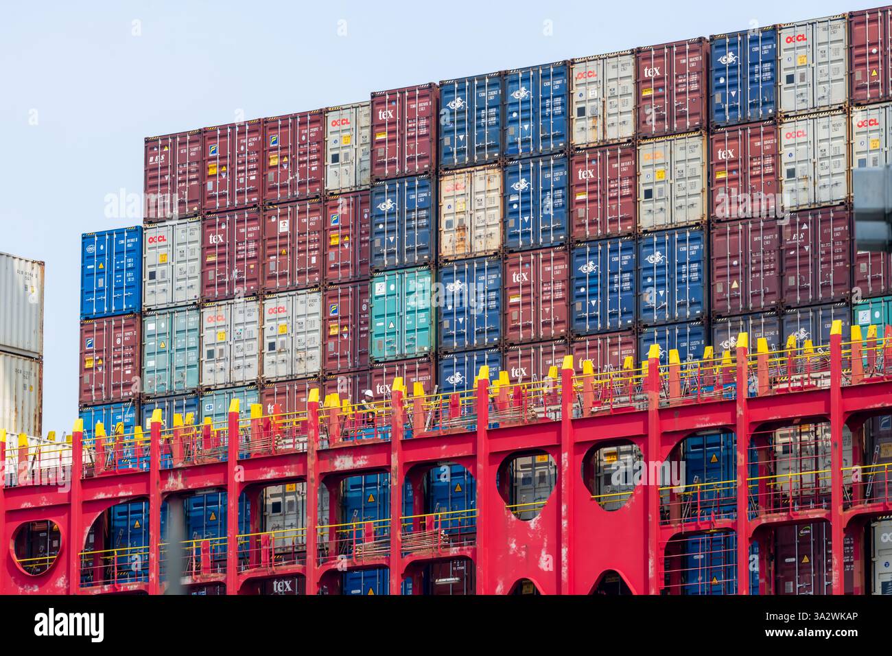 Hong Kong. China- 02.18.2025. Close up of shipping containers stacked ...