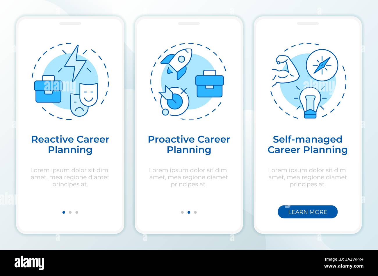Career planning types blue onboarding mobile app screen Stock Vector