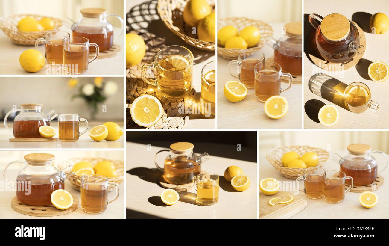 Banners set of citrus fruits and alcohol drinks. Fresh organic juicy fruit - mandarin, lemon, grapefruit.  Stock Photo