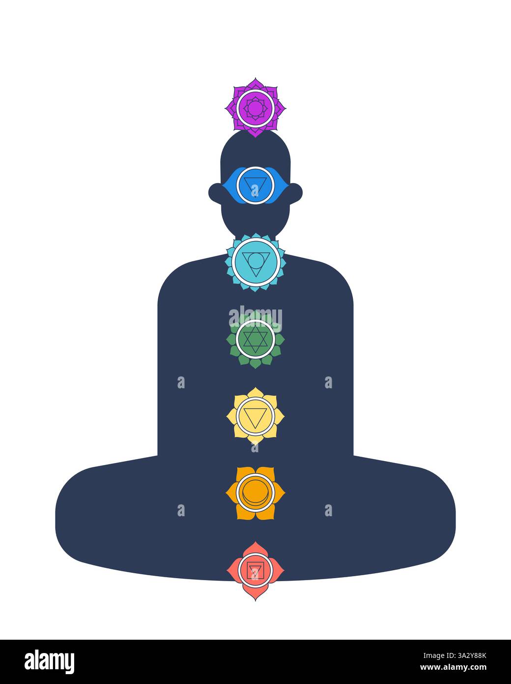 Chakra alignment on meditating human silhouette 2D cartoon object Stock Vector