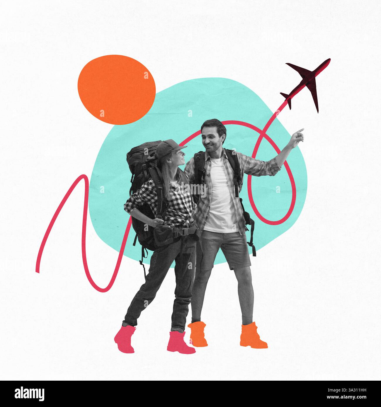 Couple with backpacks smiling and pointing at sky with airplane flying above abstract travel elements. Contemporary art collage. Stock Photo