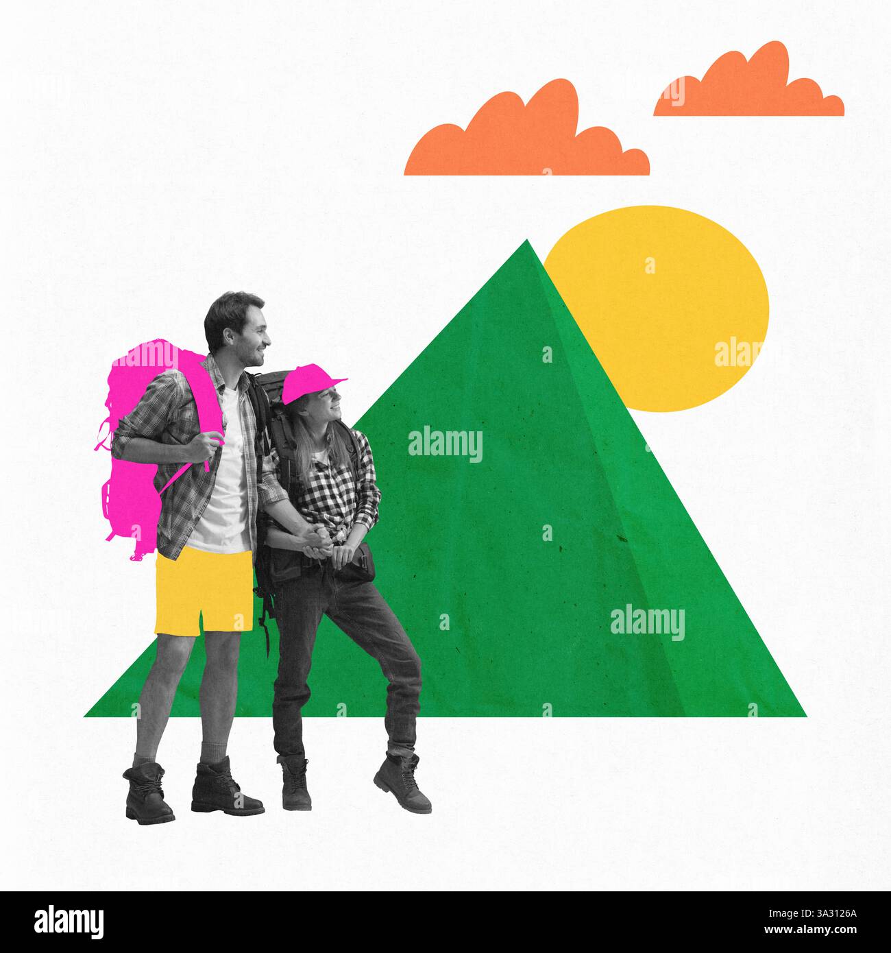 Couple with backpacks standing in front of mountain with sun and clouds in background, dressed for active adventure. Contemporary art collage. Stock Photo