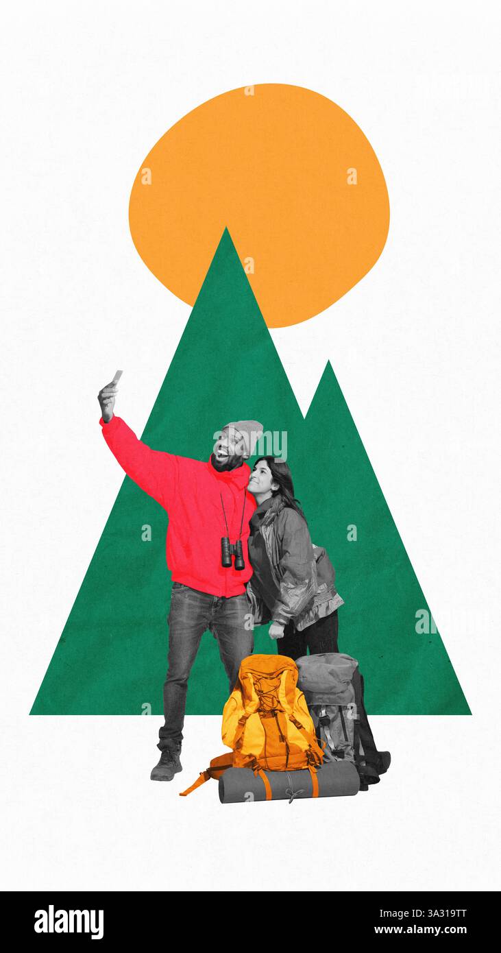 Smiling couple in hiking gear taking selfie in mountains with backpacks under bright sun. Contemporary art collage. Stock Photo