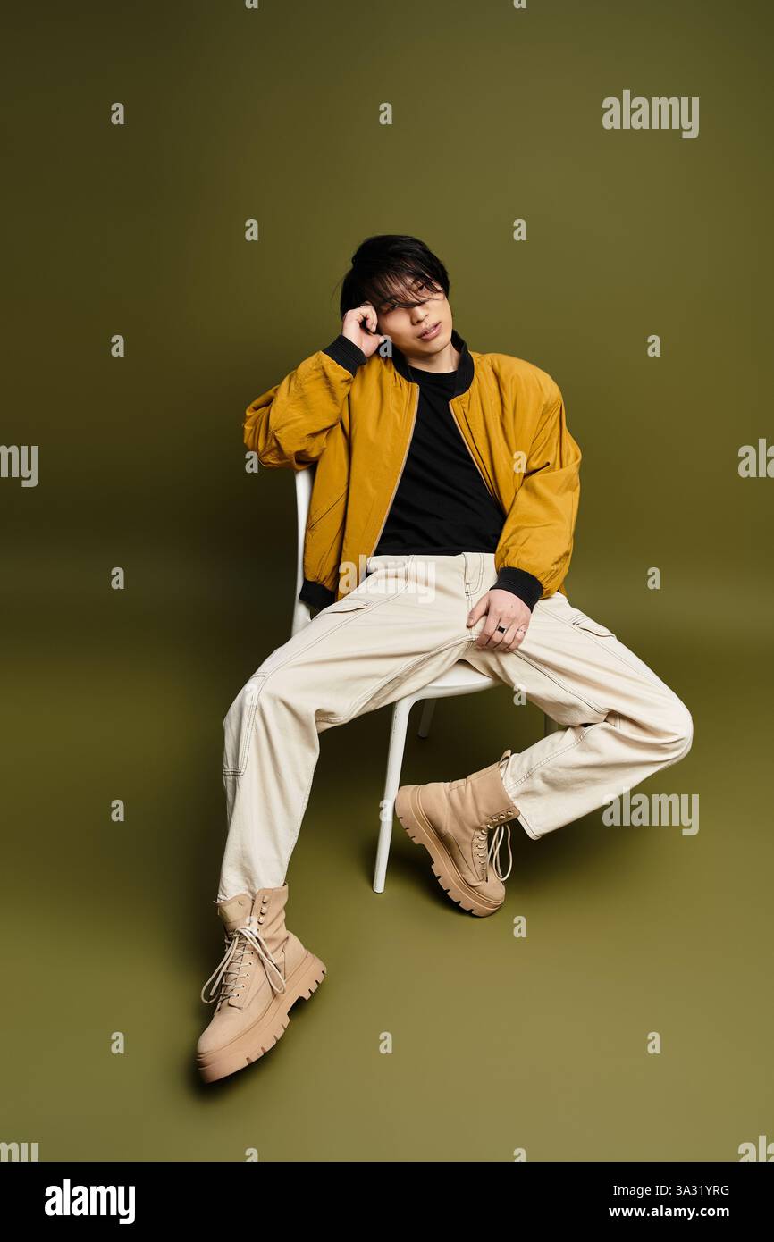 A young Asian man showcases his fashion sense in a chic studio, exuding ...