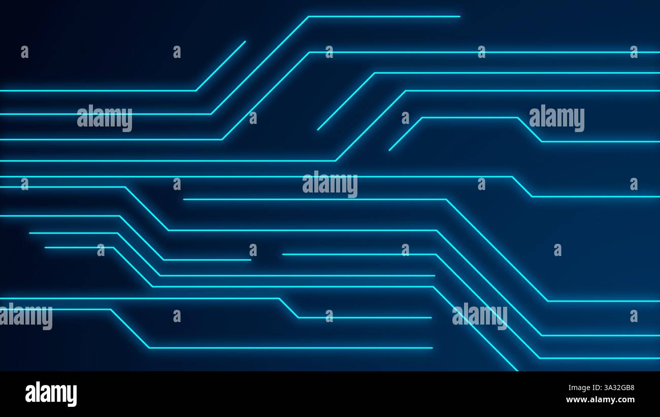 Technologic futuristic Circuit Patterns Rendered in Bright Neon Blue Against a Dark Background Stock Photo