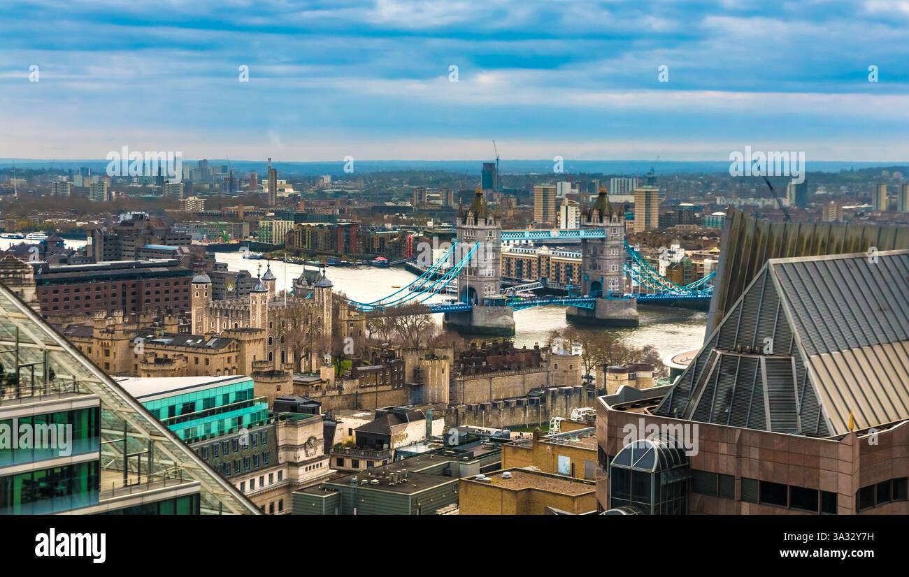 Lovely panoramic view overlooking Tower Bridge and the Tower of London on the north bank of the River Thames, seen from London’s popular and largest... Stock Photo