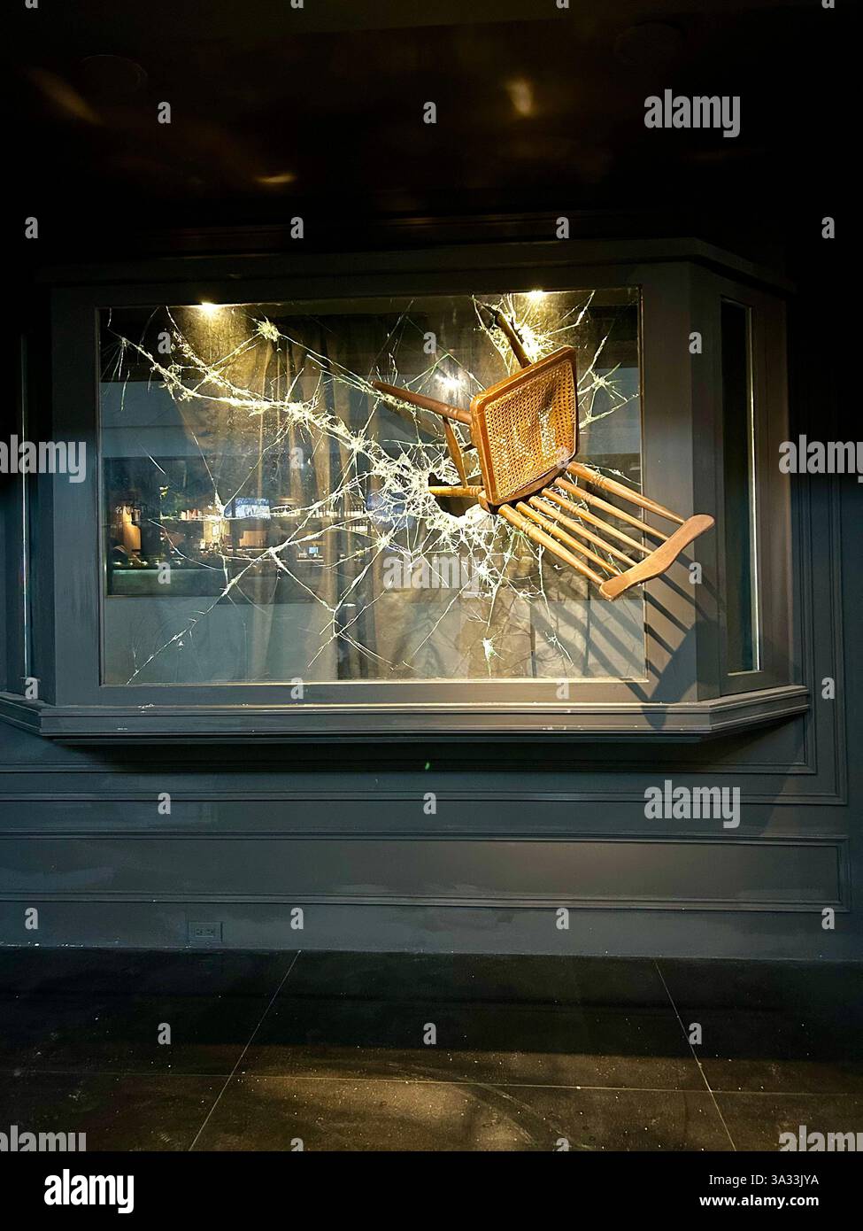 Taipei, Taiwan, Close Up, Wooden Chair in Broken Window, Local Bar, Pub, Dean Street, - Smartphone Captured Stock Image