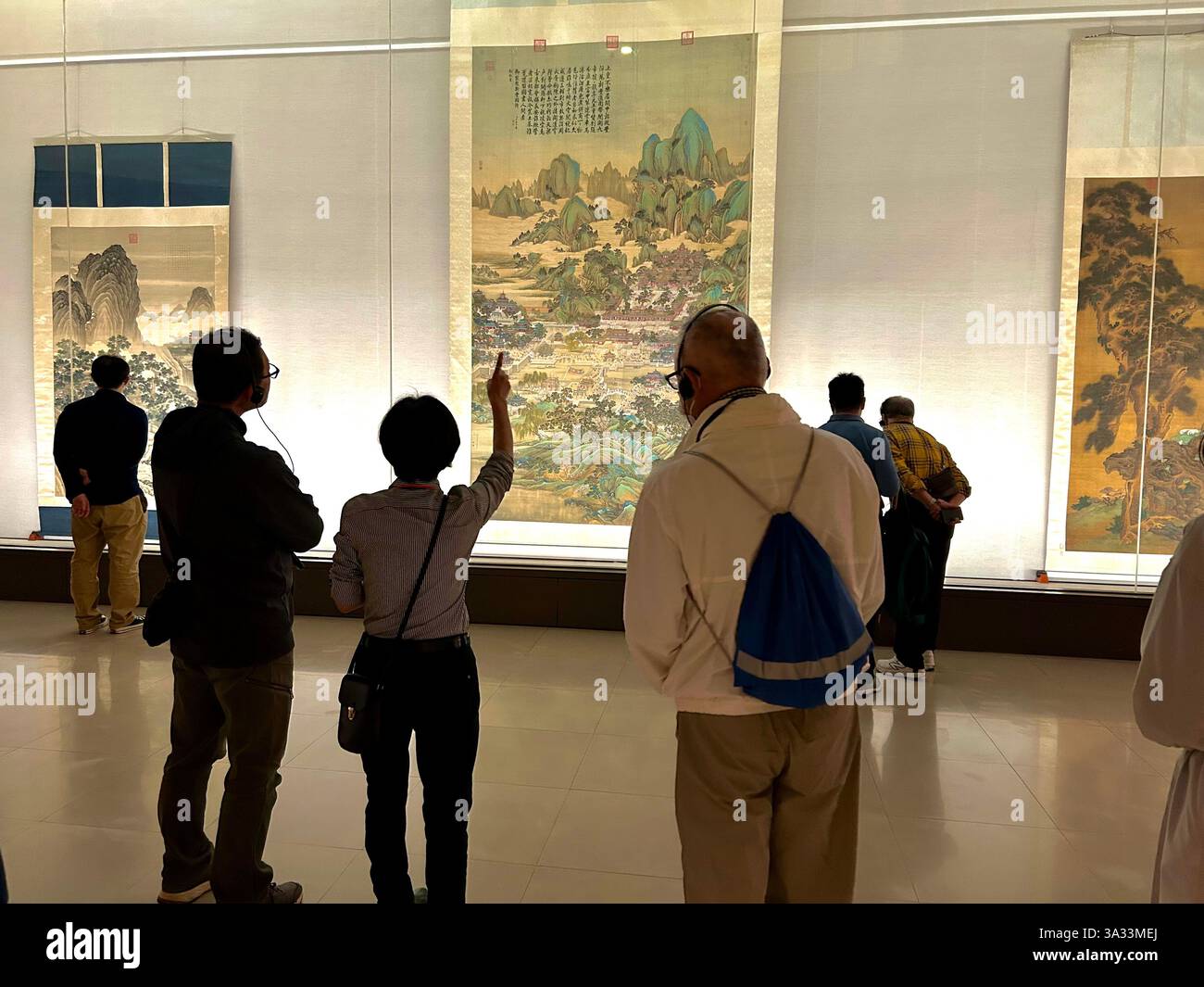 Taipei, Taiwan, Crowd People Antique Objects, Chinese Art Collection, on Display,  National Museum, Asian Art Collection, Historic Painting, Landscape, - Smartphone Captured Stock Image
