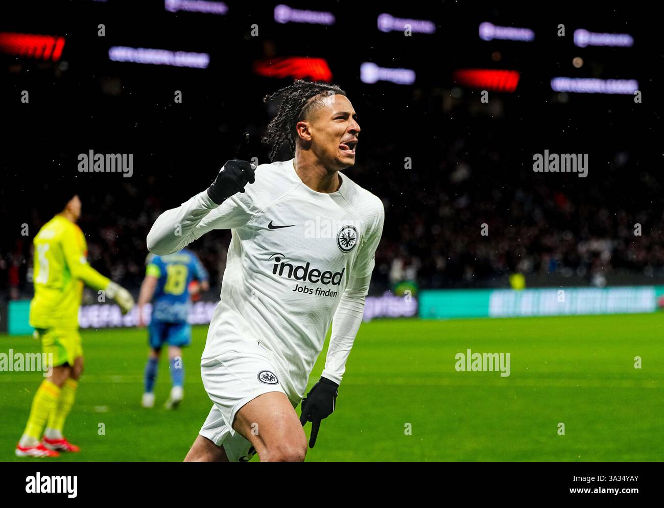 March 13 2025: Jean-MattÃ©o Bahoya of Eintracht Frankfurt celebrate ...