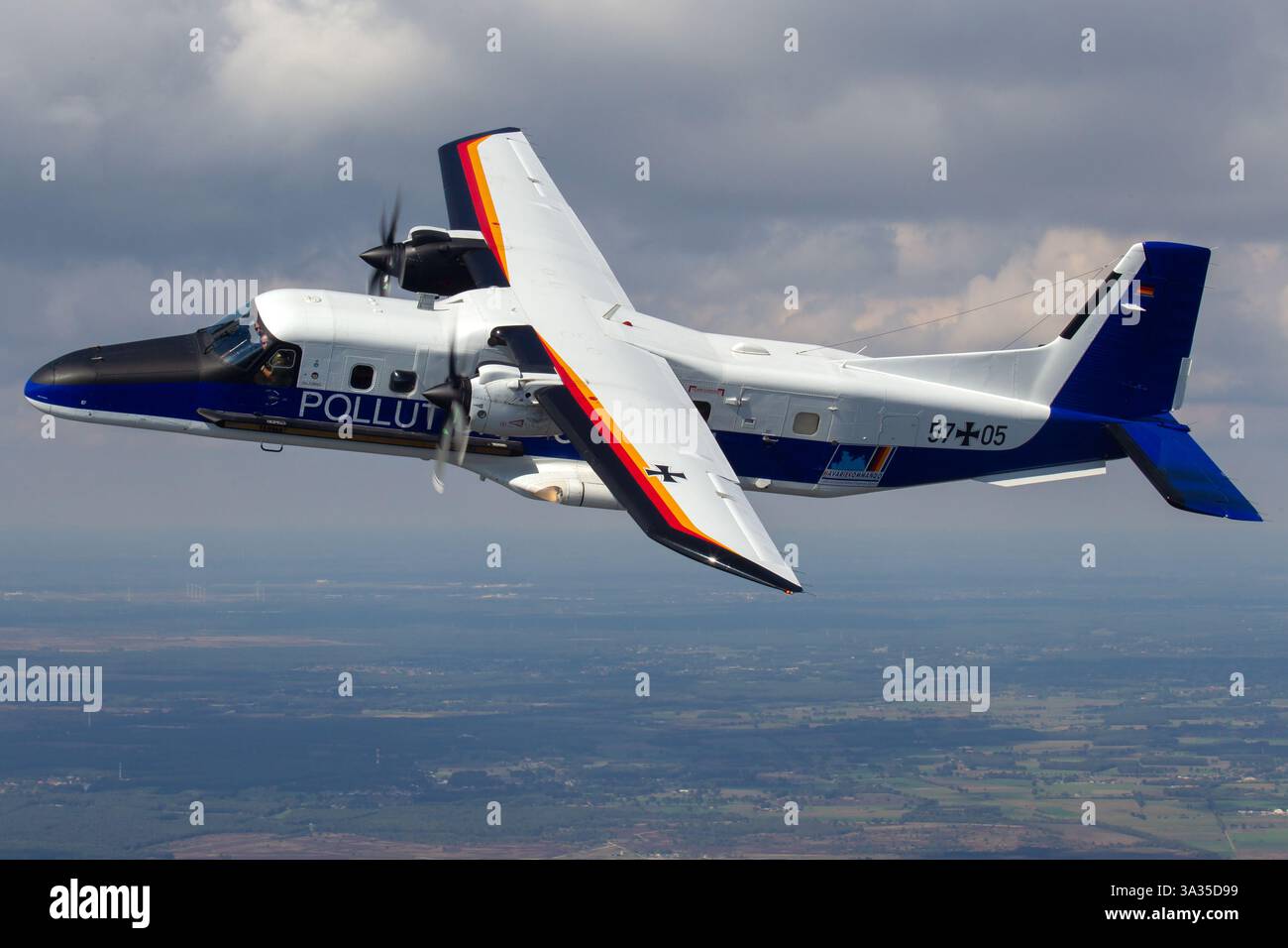 The German Navy’s Dornier Do-228-212NG, Reg 57-05, is a specialized turboprop aircraft used in pollution control and surveillance operations. It is equipped with advanced sensors to monitor marine environments, providing crucial data for environmental protection efforts and pollution mitigation. Stock Photo