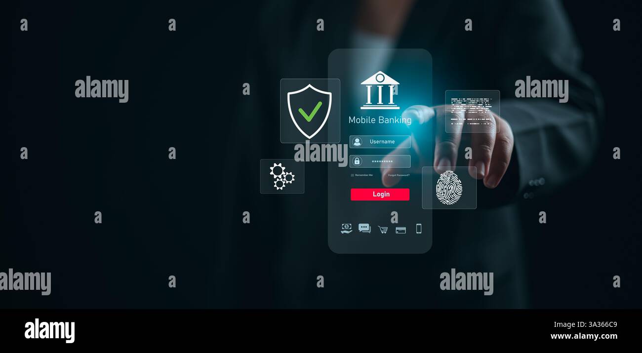 Digital Online banking transaction network concept, Internet payment, Financial technology, Businessman pointing his finger icons on virtual screen, O Stock Photo
