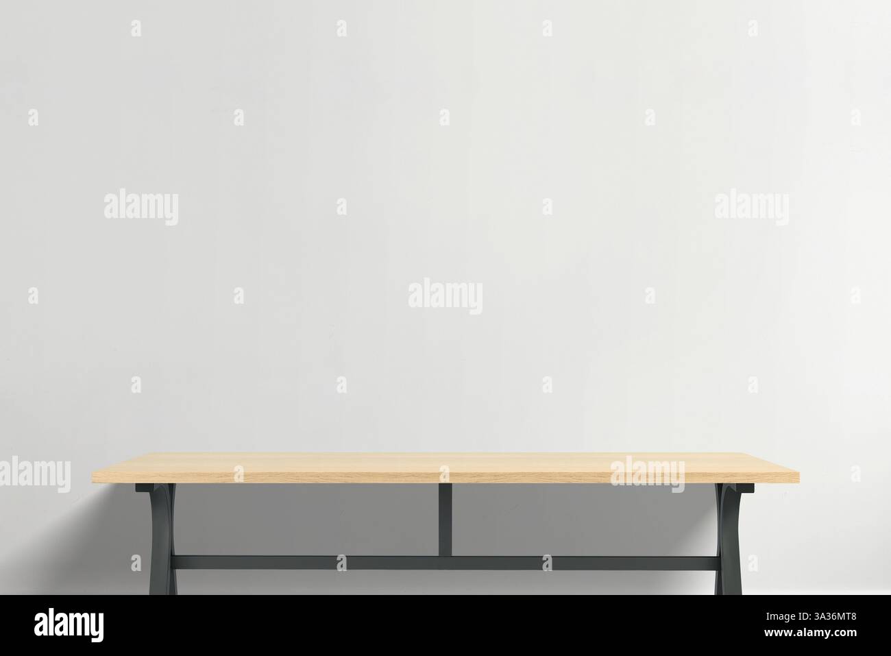 High-end wooden table with elegant grain and industrial black metal legs, modern office furniture concept for sophisticated work environments and crea Stock Photo