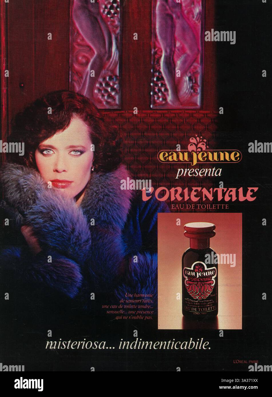 1981 Italian L'Oreal Paris Eau Jeune L'orientale Eau de Toilette, a fragrance for women ad Stock Photo