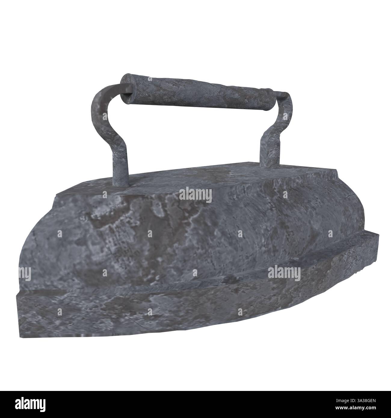 A vintage metal iron features a curved handle and a smooth base ...