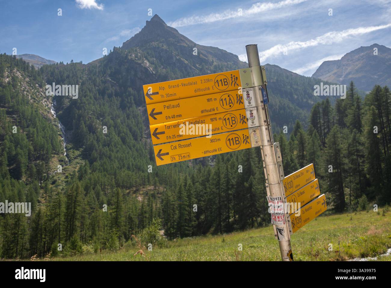 Signposts in Rhêmes-Notre-Dame mountain municipality located in the upper Rhêmes valley, Aosta Valley, Italy Stock Photo