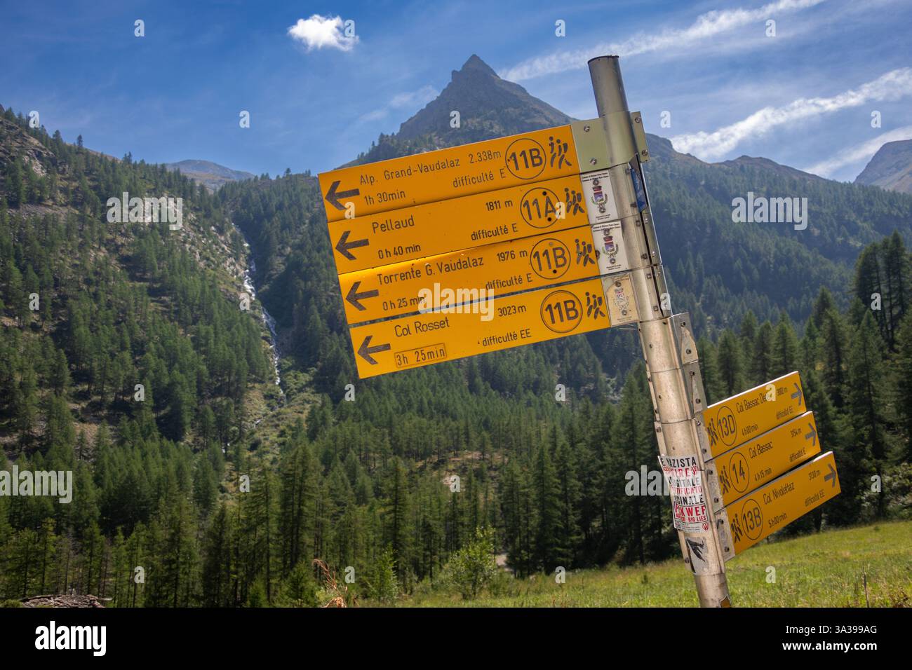 Signposts in Rhêmes-Notre-Dame mountain municipality located in the upper Rhêmes valley, Aosta Valley, Italy Stock Photo