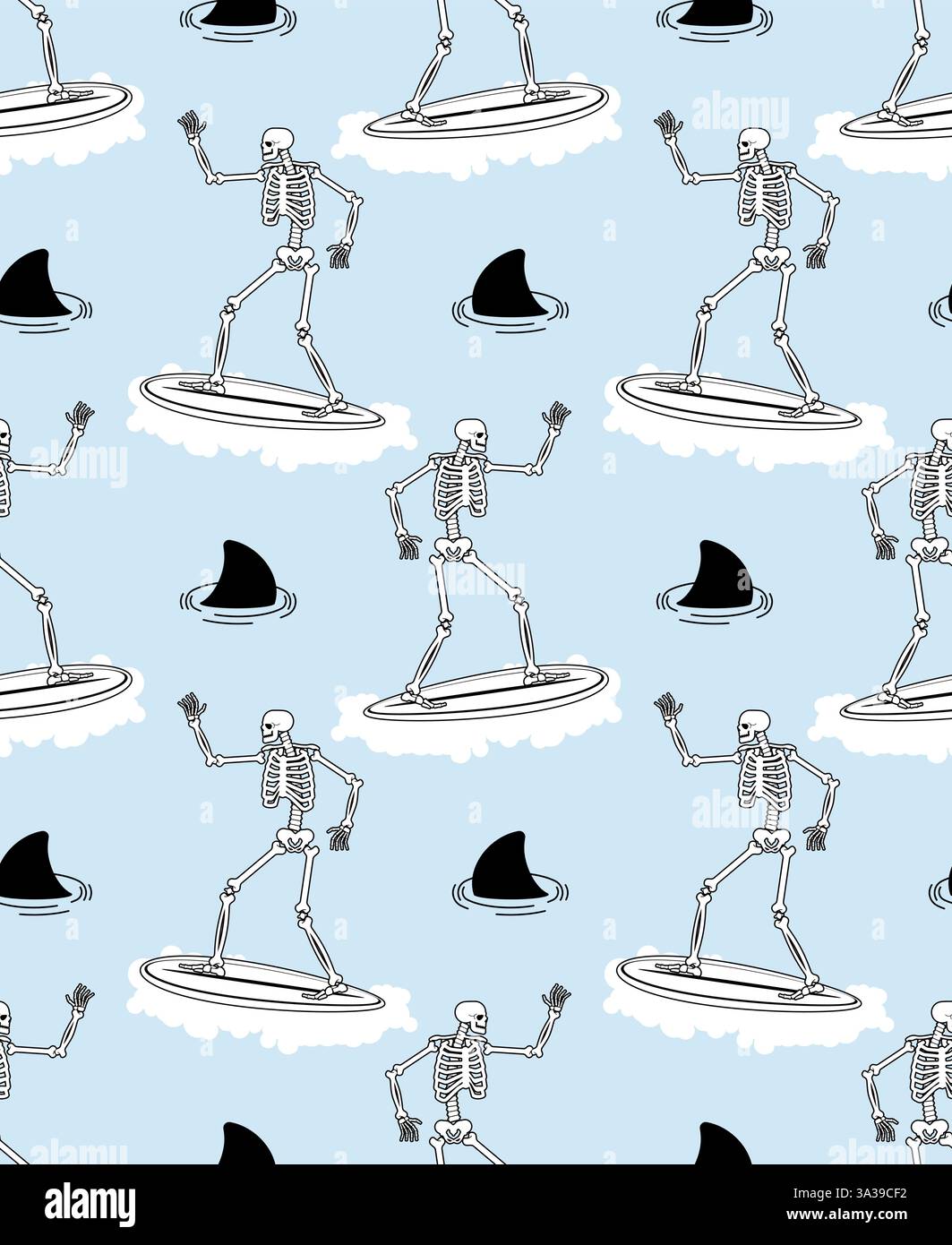 Skeleton Surfer pattern seamless. Skeleton on surfboard background. Stock Vector