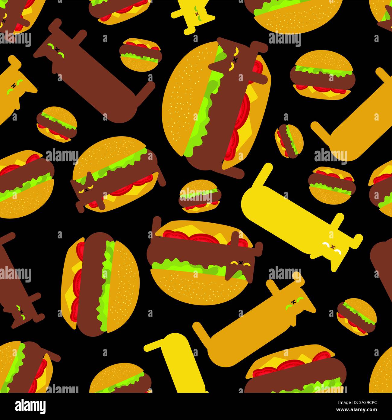 Cat In Burger Pattern Seamless Pat In Burger Background Stock Vector