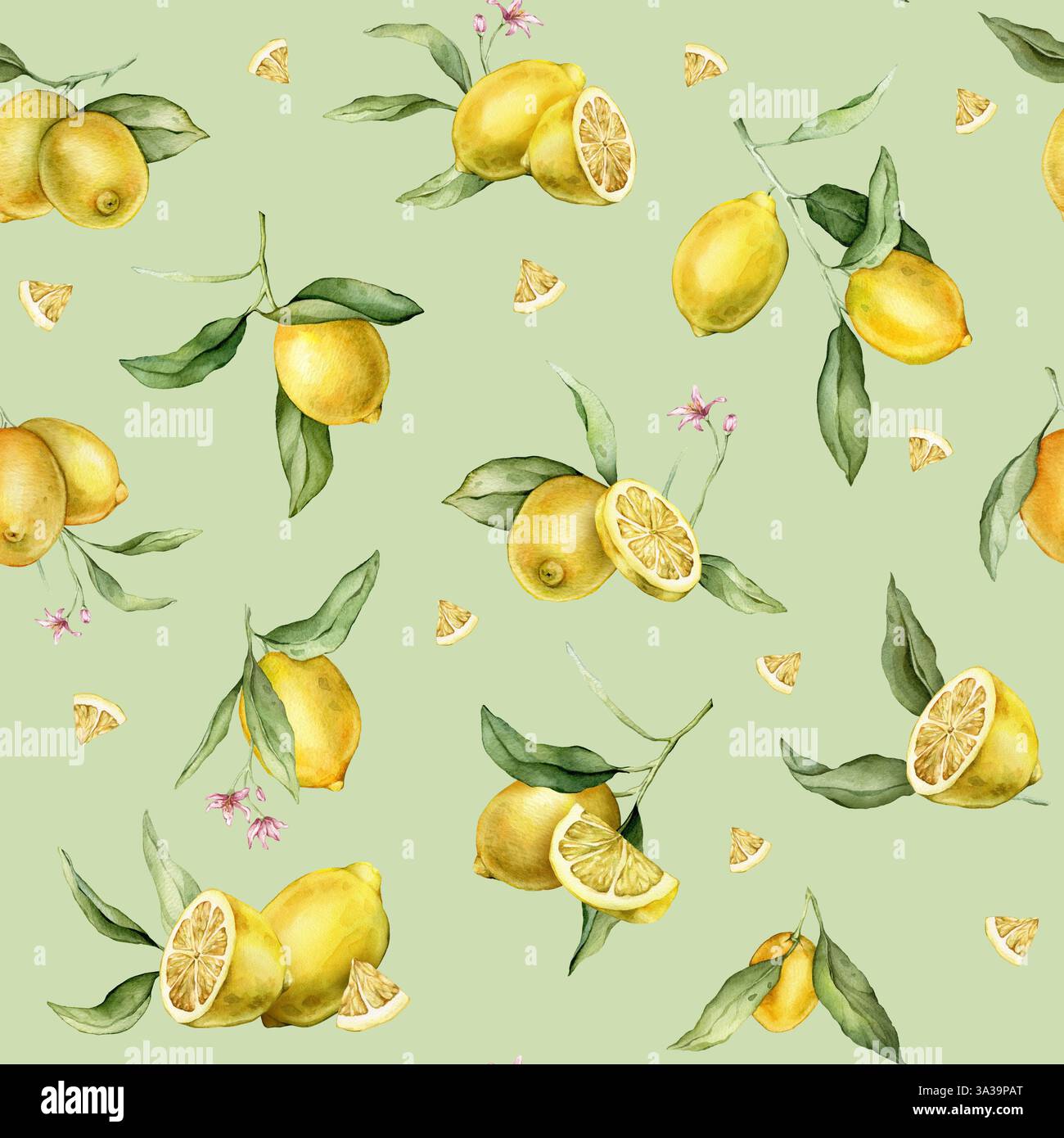 Watercolor seamless Pattern with illustration of whole and half Lemons ...