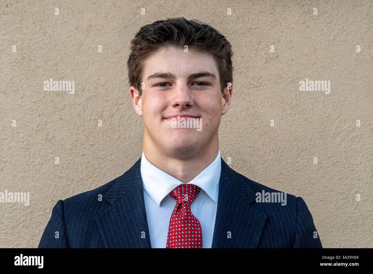 A young man dressed in a suit and tie is happily smiling for the camera ...