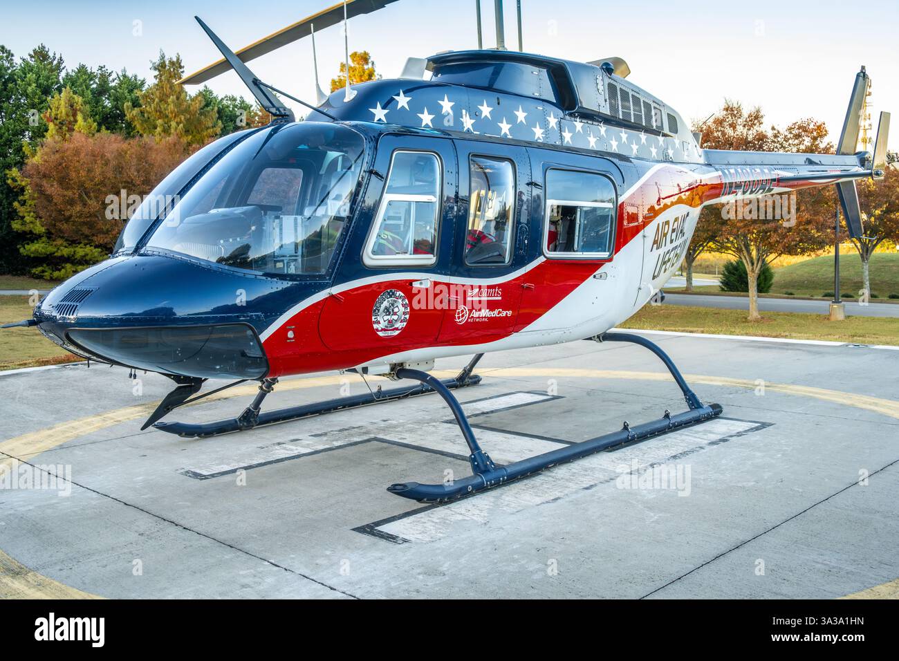 Life flight medevac helicopter on the Air Evac Lifeteam Base 117 helipad at Piedmont Eastside Medical Center in Snellville, GA. (USA) Stock Photo