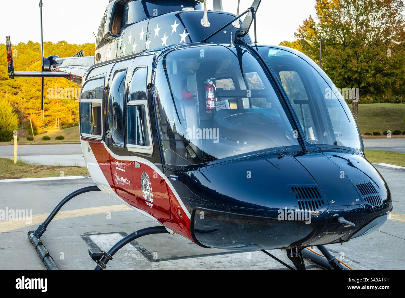 Life flight medevac helicopter on the Air Evac Lifeteam Base 117 helipad at Piedmont Eastside Medical Center in Snellville, GA. (USA) Stock Photo