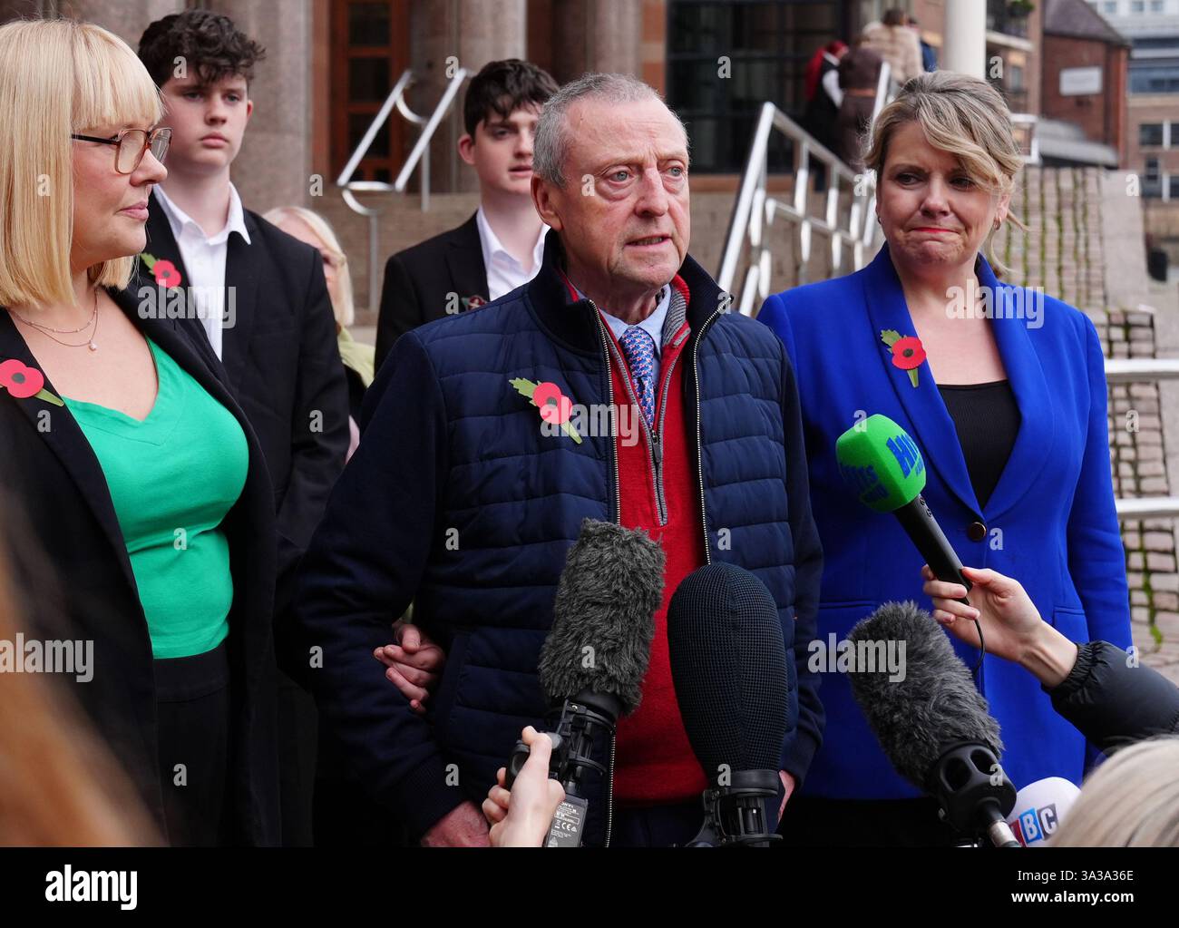 Patrick O'Hara (centre) stands with family members as he speaks to the media outside Newcastle Crown Court, in Newcastle, where Sunderland-based GP Dr Thomas Kwan, was sentenced to 31 years and five months after he attempted to murder Mr O'Hara, who was his mother's partner, with a poisoned fake Covid jab whilst disguised as a nurse. Picture date: Wednesday November 6, 2024. Stock Photo