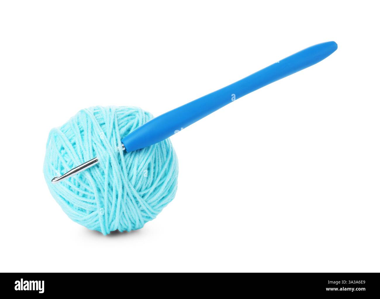 Ball of light blue yarn and crochet hook isolated on white Stock Photo ...