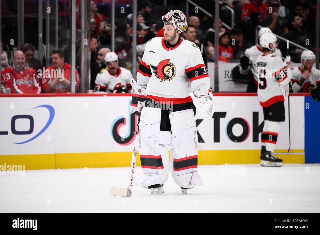 Ottawa Senators goaltender Linus Ullmark (35) looks on during the first ...