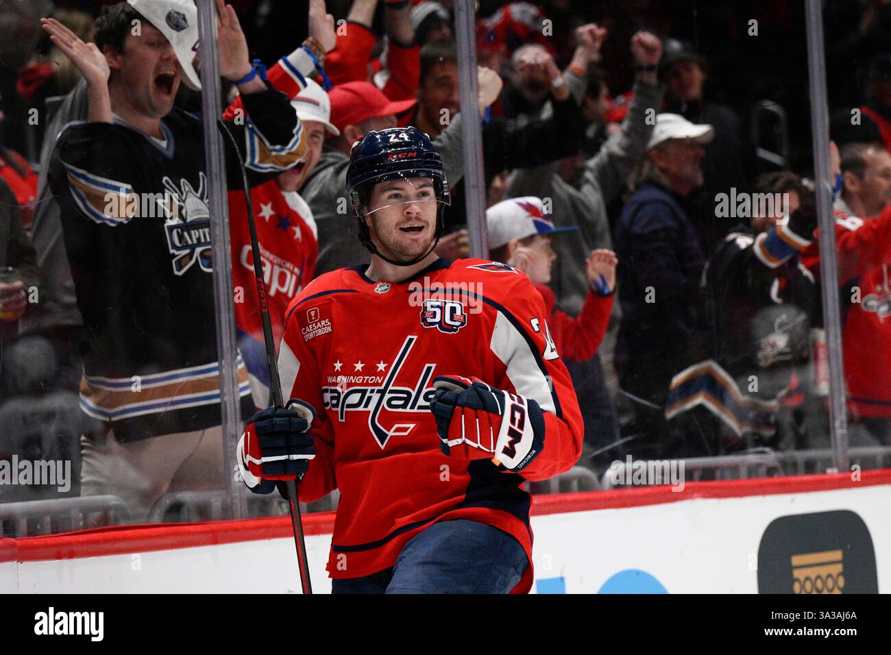 Washington Capitals center Connor McMichael (24) celebrates his goal during the first period of