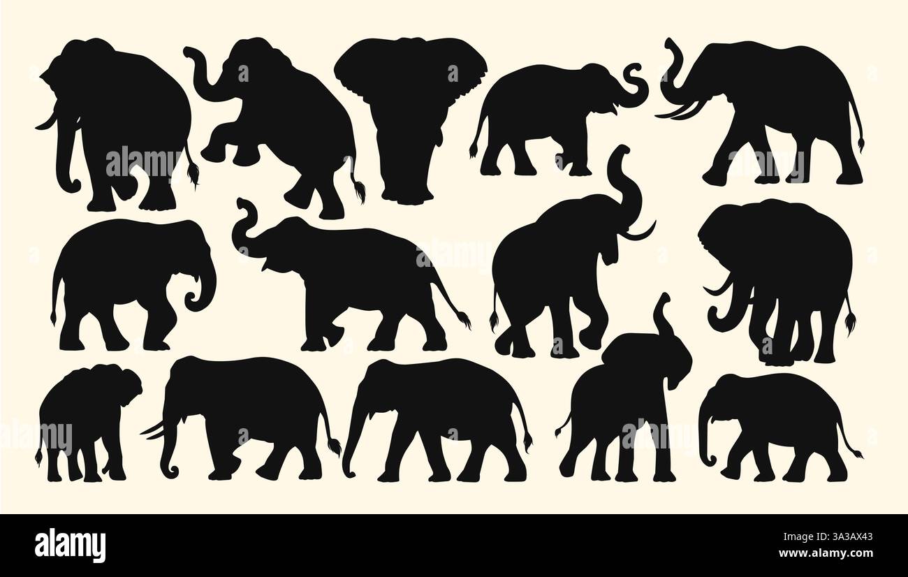 Silhouettes of elephants in various poses, showcasing their majestic ...