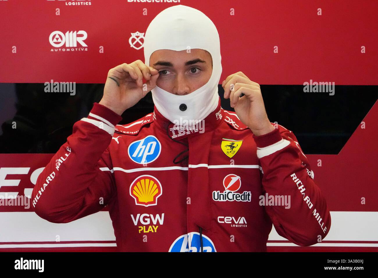 Ferrari driver Charles Leclerc of Monaco prepares for the third practice session at the