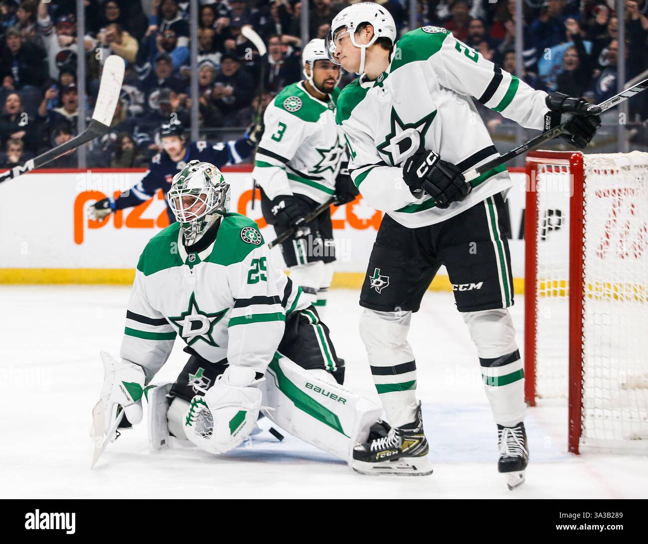 Dallas Stars goaltender Jake Oettinger (29) reacts after a goal by Winnipeg Jets