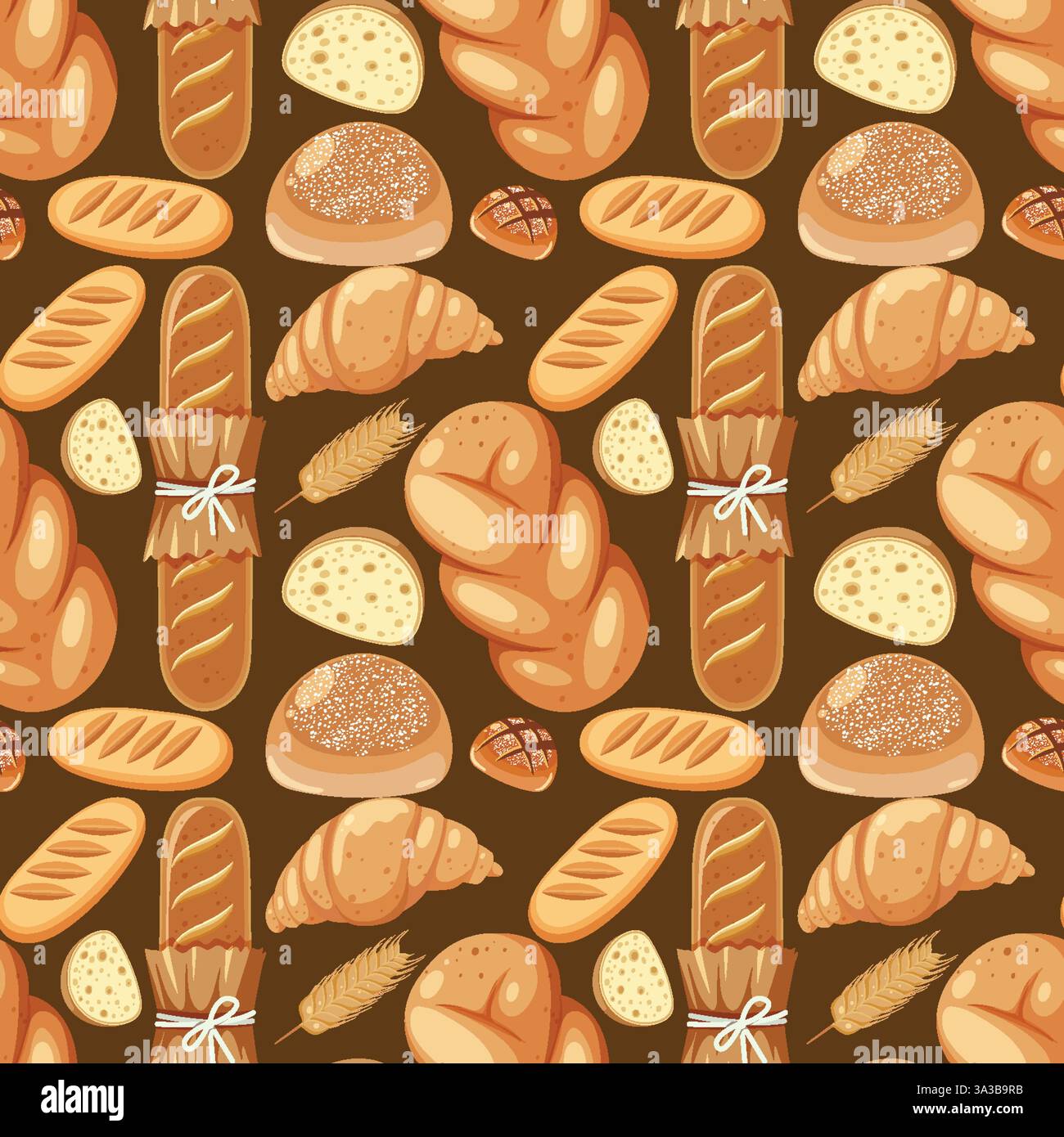 Various breads arranged in a seamless vector pattern Stock Vector