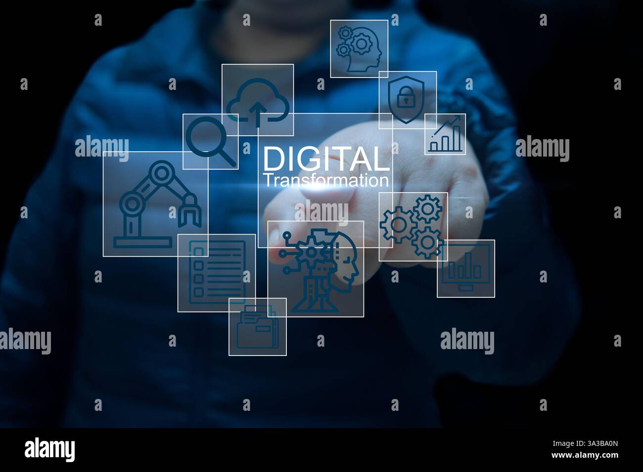 A conceptual image representing digital transformation powered by artificial intelligence, showcasing futuristic technology, automation, cloud computi Stock Photo