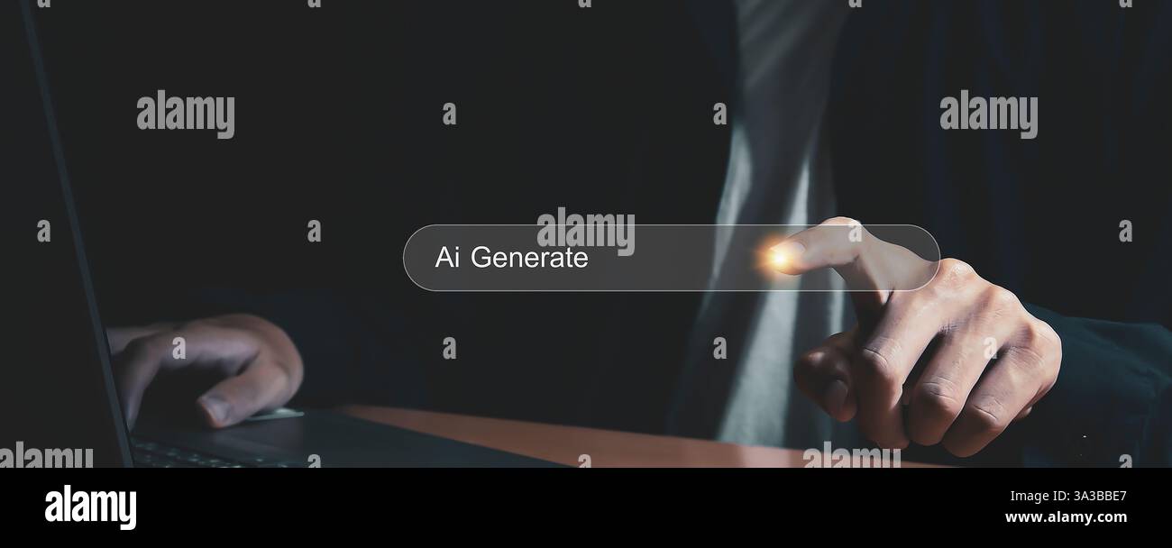 Man uses AI software to create images with interface AI Image Generator Ideas Artificial Intelligence Image Content Generator Stock Photo