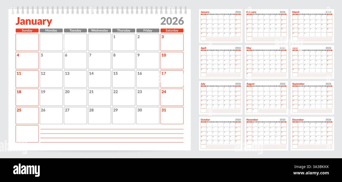 Calendar 2026 planner template. Week start on Sunday. Set of 12 months ...