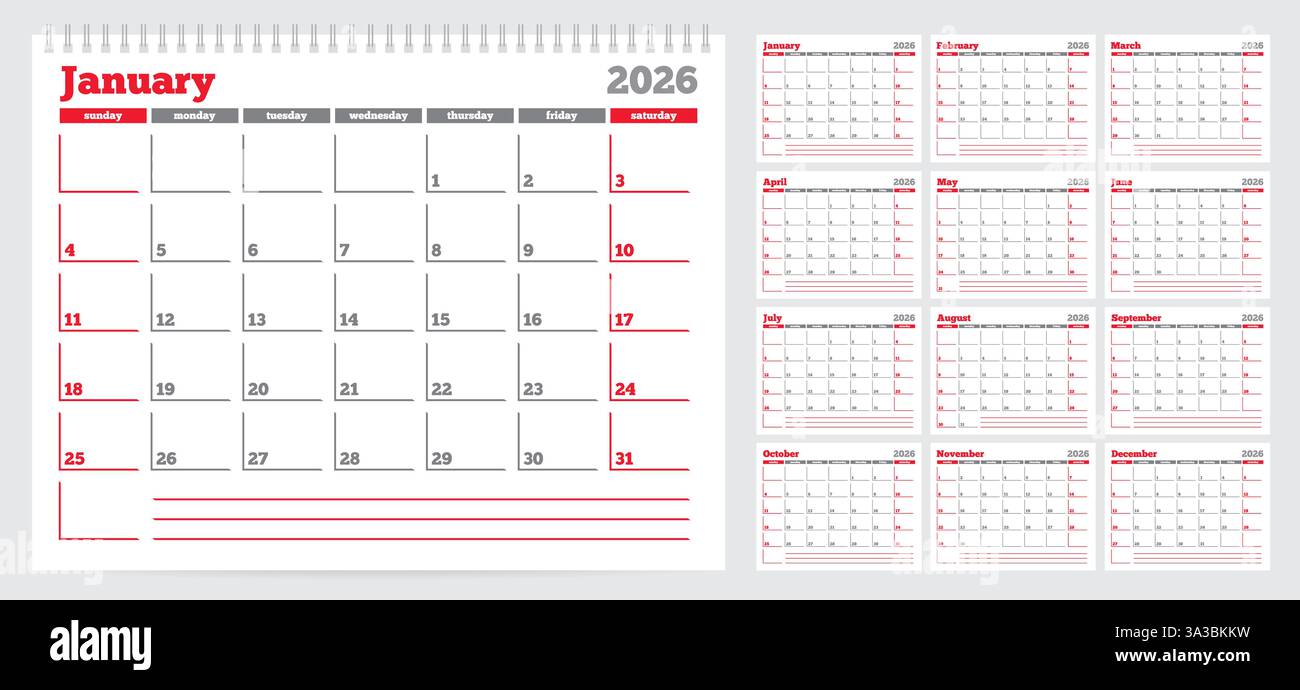 Calendar 2026 planner template. Week start on Sunday. Set of 12 months ...