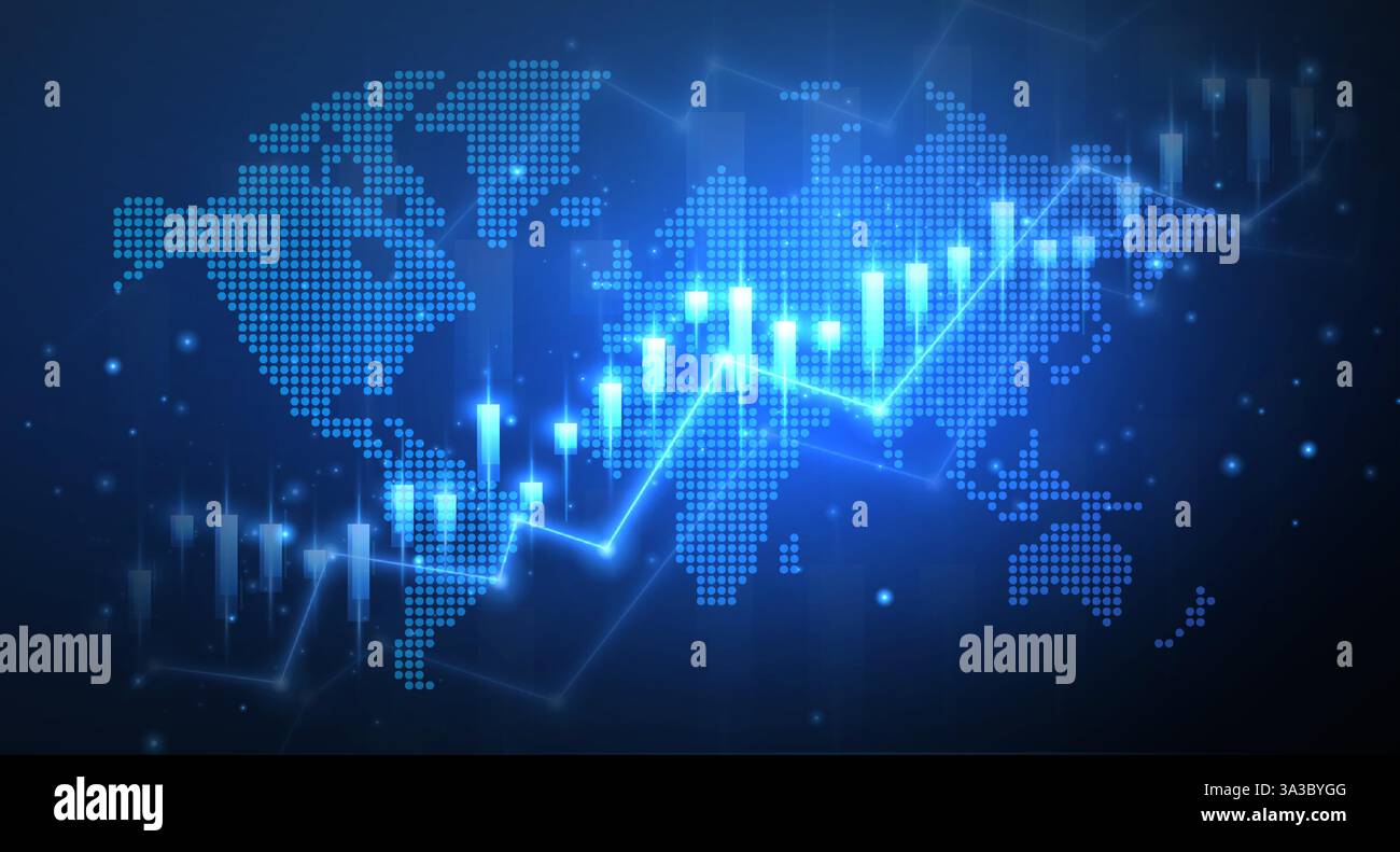 Stock growth graph background and world map. Trade exchange, chart ...