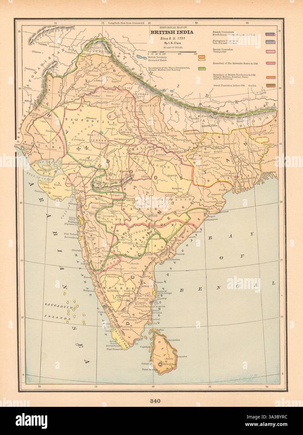 Historical Map of British India since A.D 1751. CLARE 1894 old antique Stock Photo