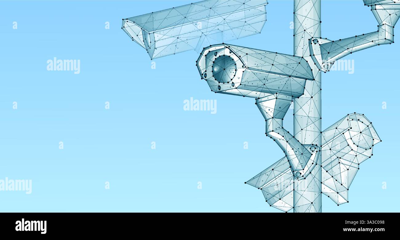 Security camera. Vector low pole illustration. Isolated on blue. Security system Stock Vector