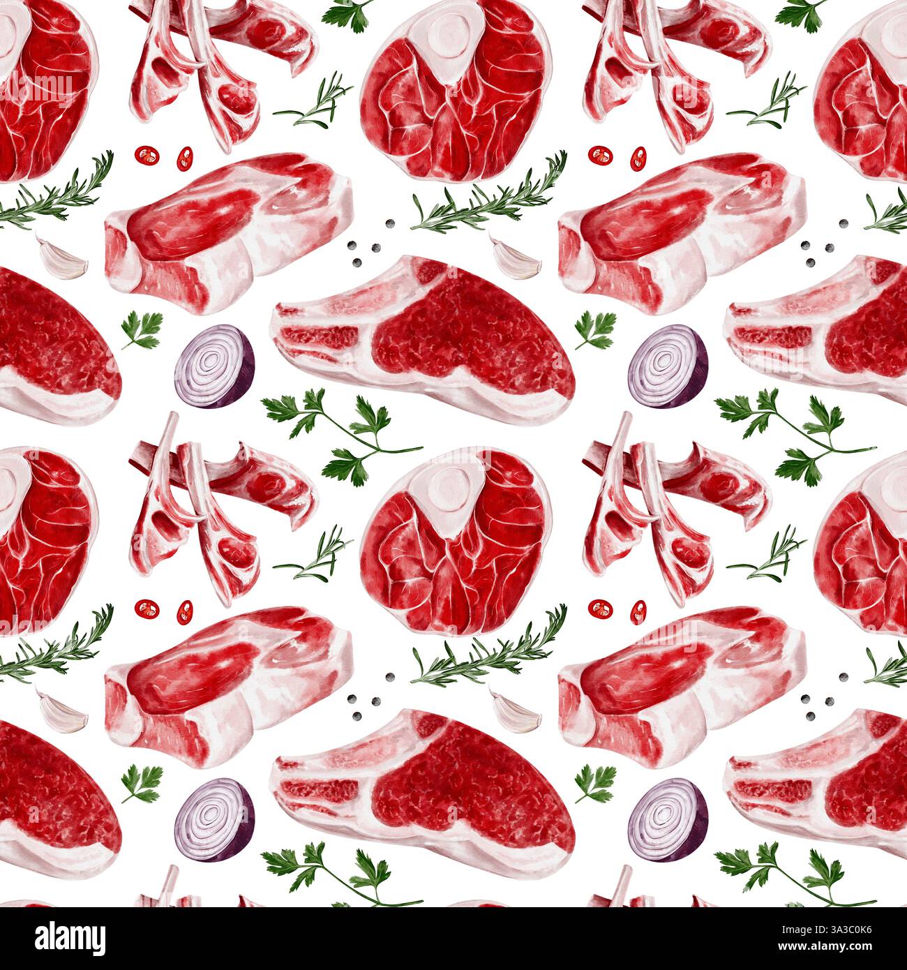 Seamless pattern with meat and spices. Beef and lamb with steaks and ...